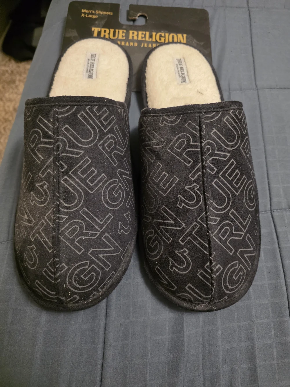 True Religion Black Logo-Print Plush Slip-Ons